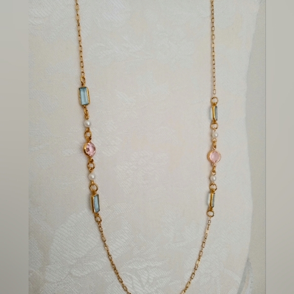 Vintage Necklace Crystal/Glass And Faux Pearl Pink And Blue 30" Station Chain - Picture 3 of 4